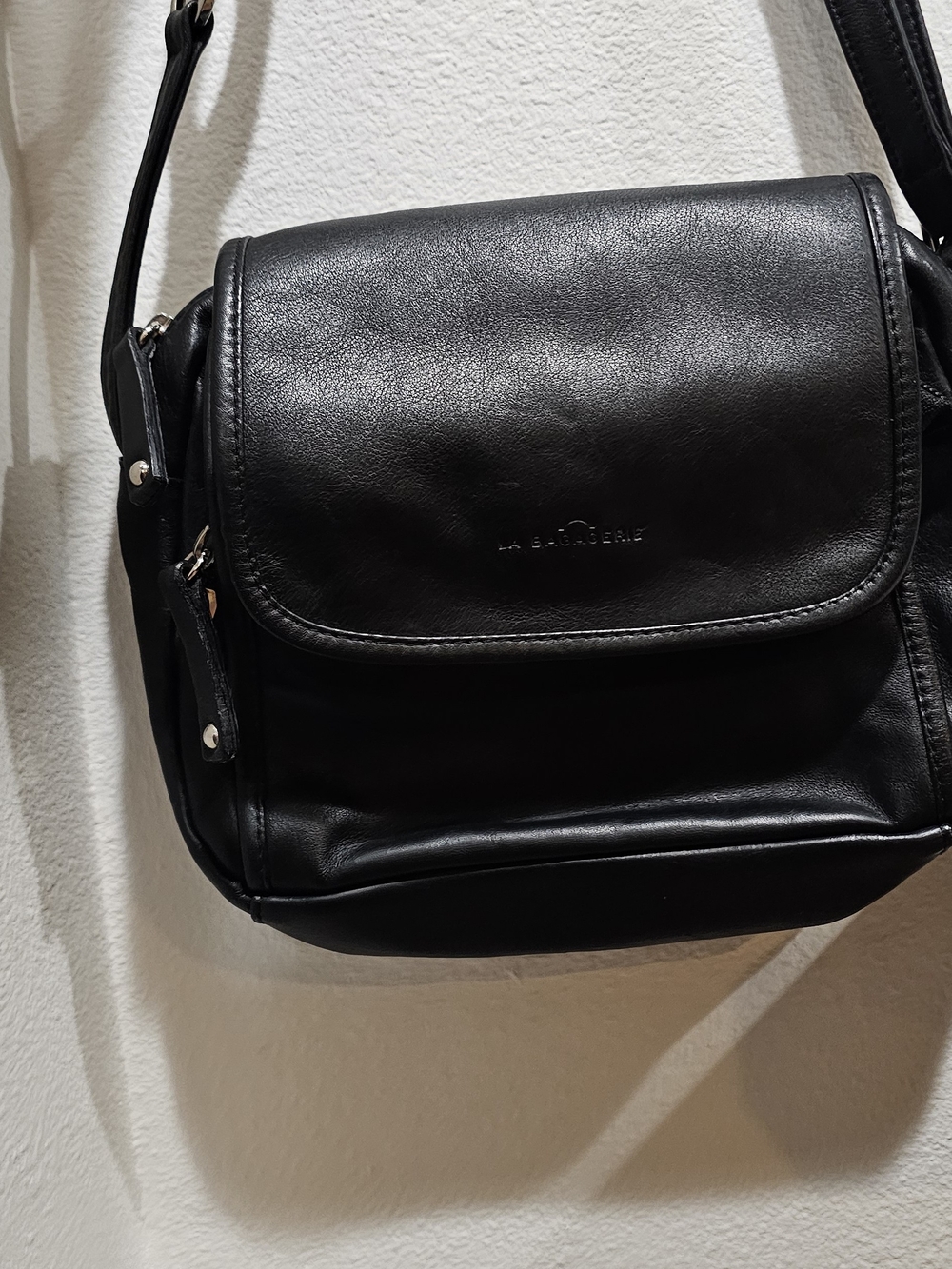 Black Leather Crossbody Bag with Front Flap